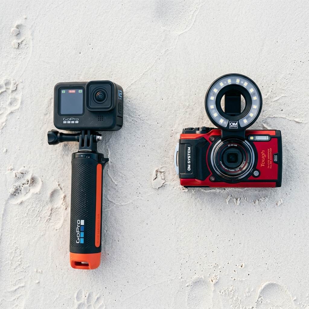 Side-by-side product comparison flatlay on white sand. On the left, a sleek action camera (like GoPro) with a floating grip. On the right, a rugged compact waterproof camera (like Olympus TG-7) with a macro ring light. High quality, clear lighting, editorial style.