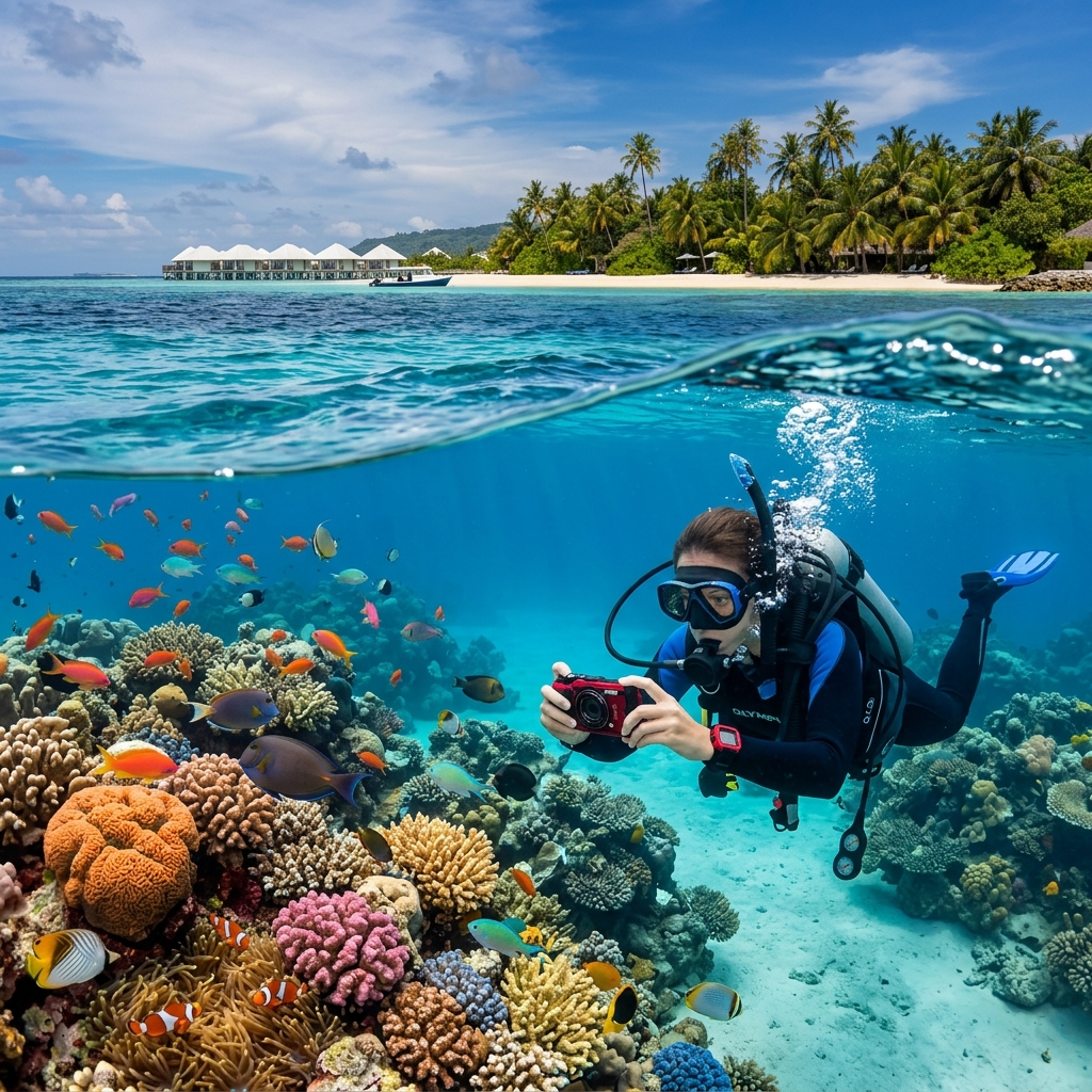 A split-level (half underwater, half above water) shot in crystal clear tropical ocean. A diver holding a rugged red compact camera capturing a colorful coral reef below the surface, while a paradise island is visible above the waterline. Cinematic lighting, photorealistic, 8k resolution, vibrant colors.