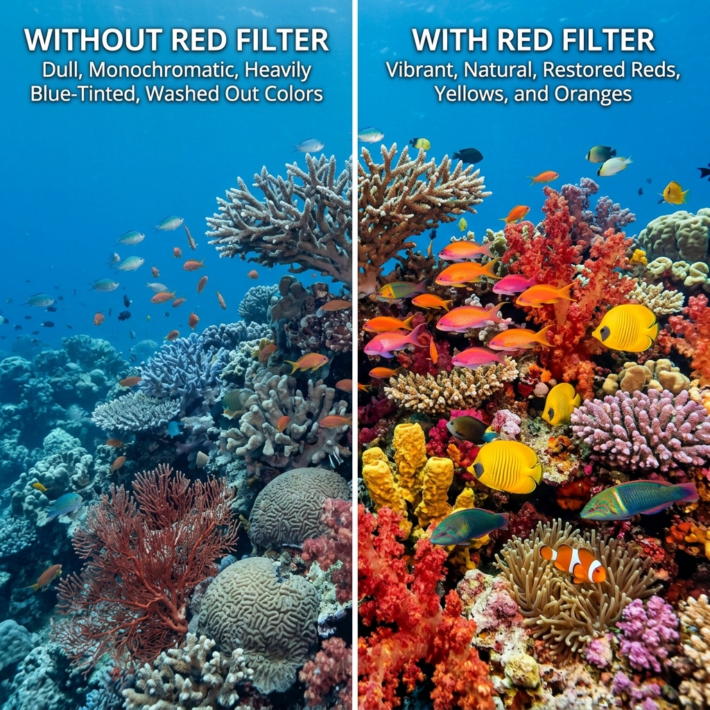 A split-screen visual showing the same underwater reef scene twice. The left side is heavily tinted blue and washed out (without red filter). The right side has vibrant, restored natural reds, yellows, and oranges (with red filter). Informative, high contrast, vivid.