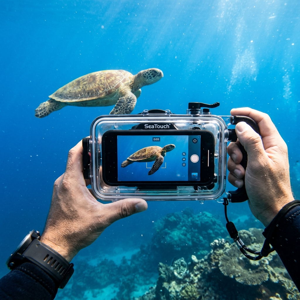 First-person perspective of hands holding a smartphone inside a clear heavy-duty underwater housing (like DiveVolk SeaTouch), taking a picture of a sea turtle gliding through blue water. Bright, sharp focus, immersive POV.